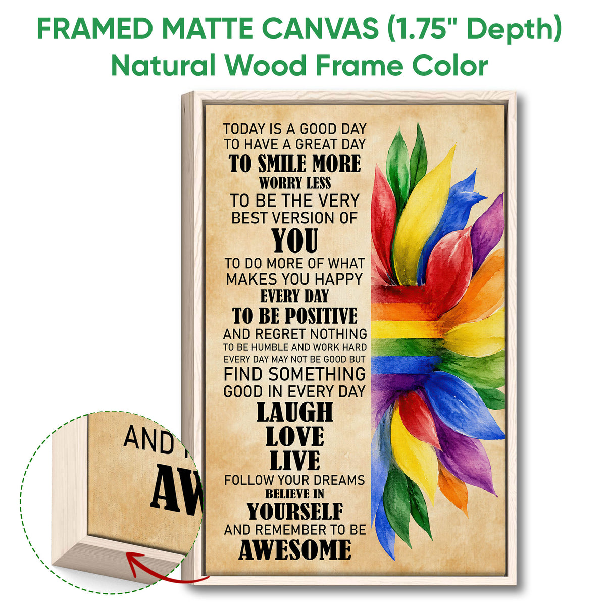 Framed LGBT canvas wall art shown with a natural wood frame and colorful uplifting artwork