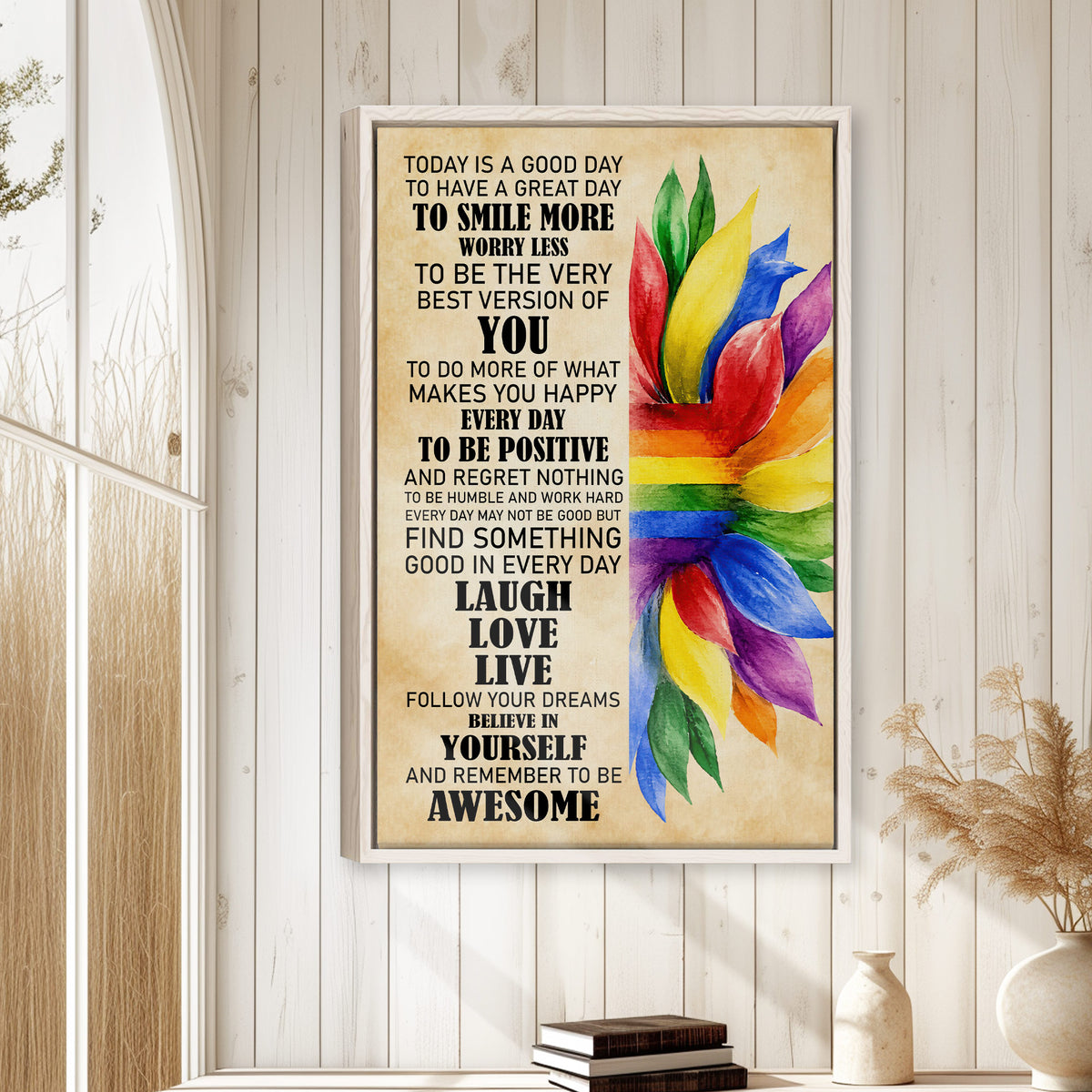 Rainbow-inspired LGBT wall art displayed in a bright home interior with natural wood decor