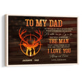 Framed hunting wall art with deer antlers, sunset silhouettes, rustic woodgrain, and a father-son tribute design