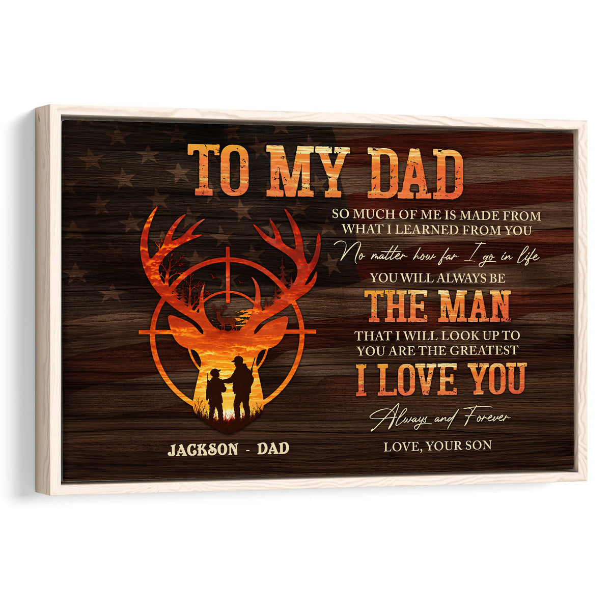 Framed hunting wall art with deer antlers, sunset silhouettes, rustic woodgrain, and a father-son tribute design