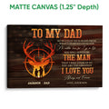 Matte canvas hunting wall art with deer antlers, a sunset scene, rustic woodgrain, and father-son imagery