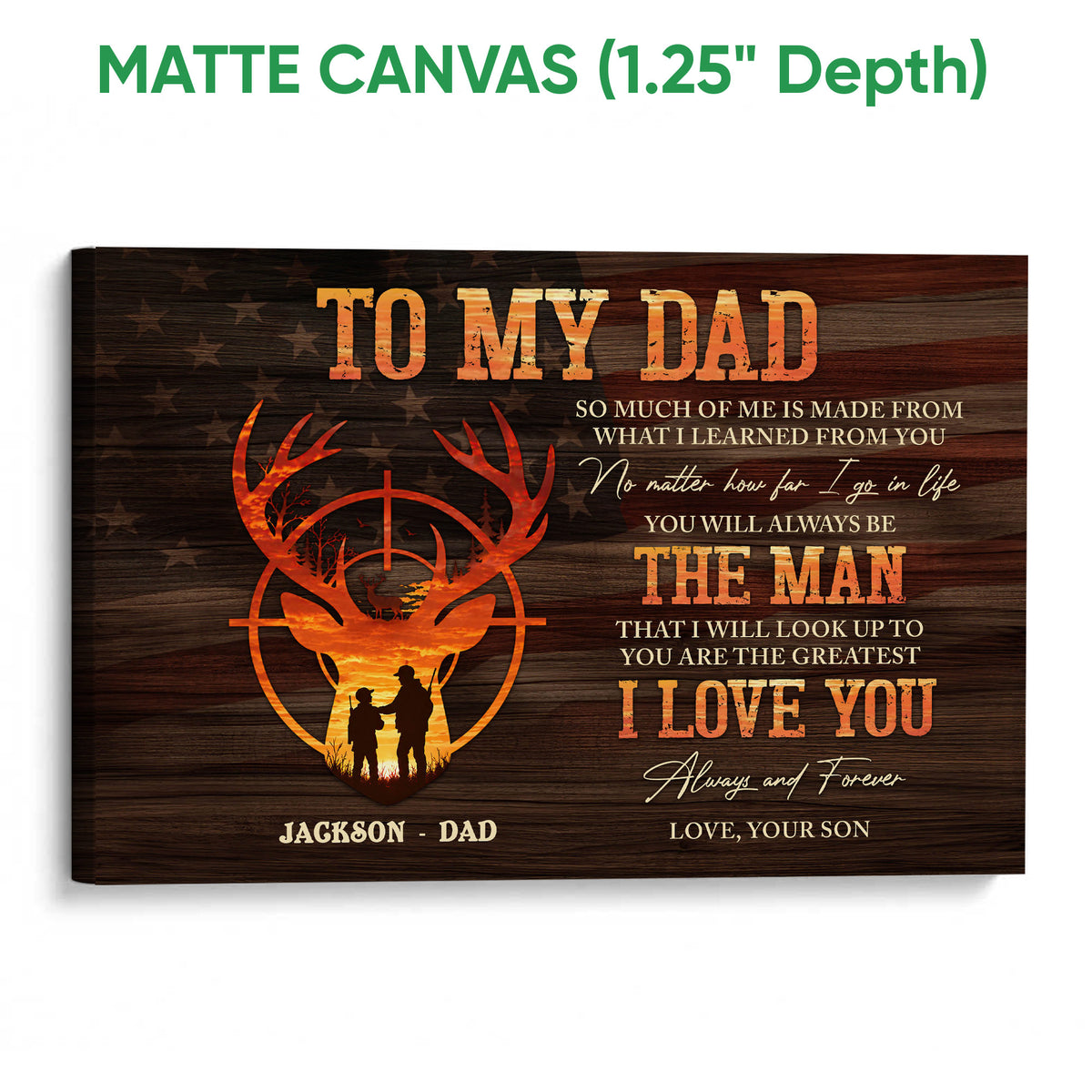 Matte canvas hunting wall art with deer antlers, a sunset scene, rustic woodgrain, and father-son imagery