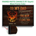 Framed hunting canvas wall art shown with a black frame and close-up of the woodgrain artwork