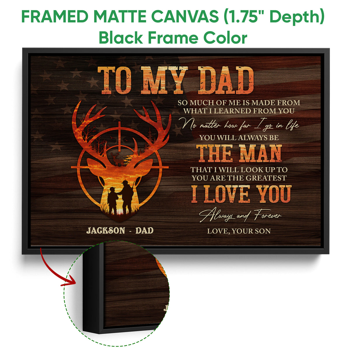 Framed hunting canvas wall art shown with a black frame and close-up of the woodgrain artwork