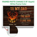 Framed hunting canvas wall art shown with a white frame and close-up of the framed edge