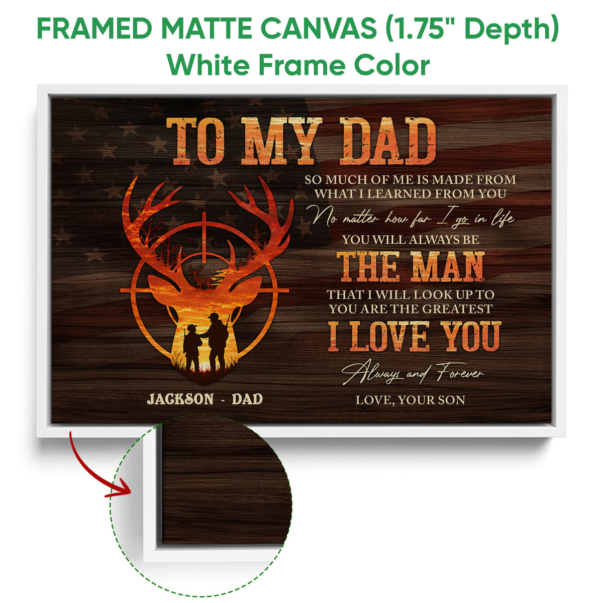 Framed hunting canvas wall art shown with a white frame and close-up of the framed edge