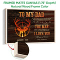 Framed hunting canvas wall art shown with a natural wood frame and close-up of the frame detail