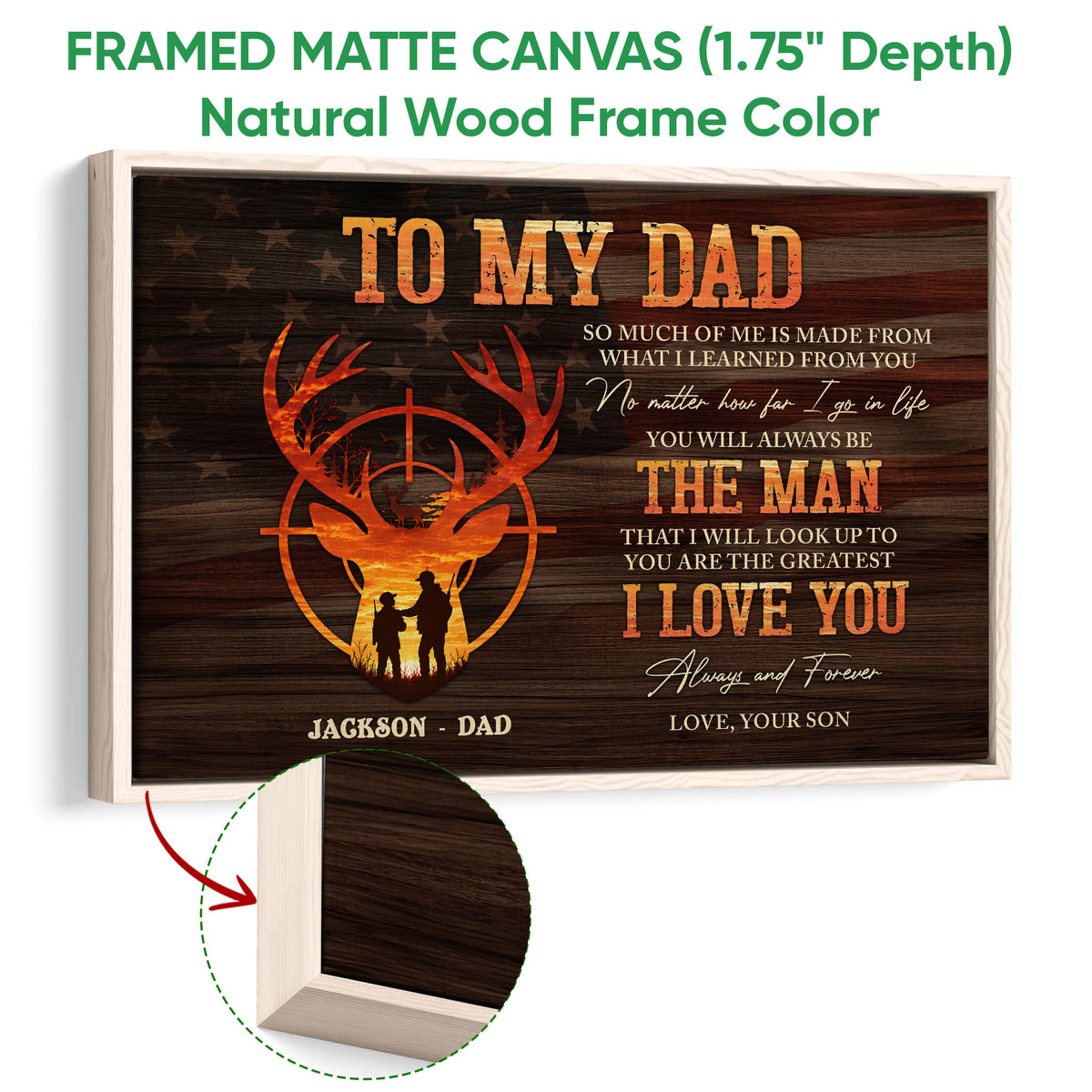 Framed hunting canvas wall art shown with a natural wood frame and close-up of the frame detail