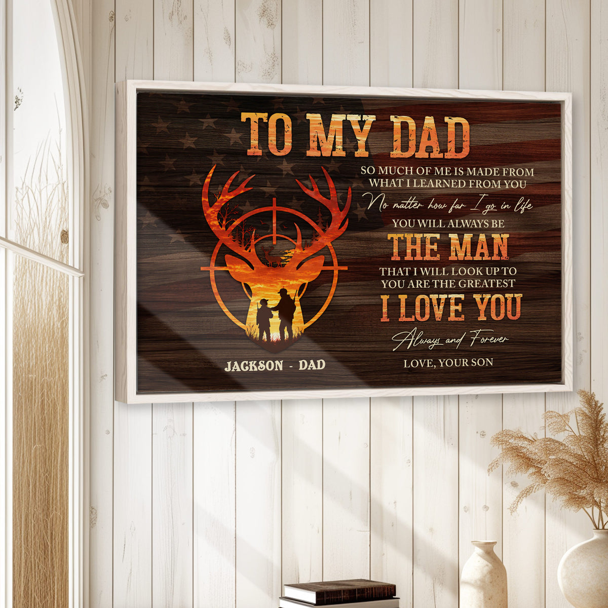 Rustic framed hunting wall art displayed on a light wood wall in a warm home decor setting