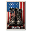 Framed veteran wall art featuring military boots, an American flag background, and a patriotic design