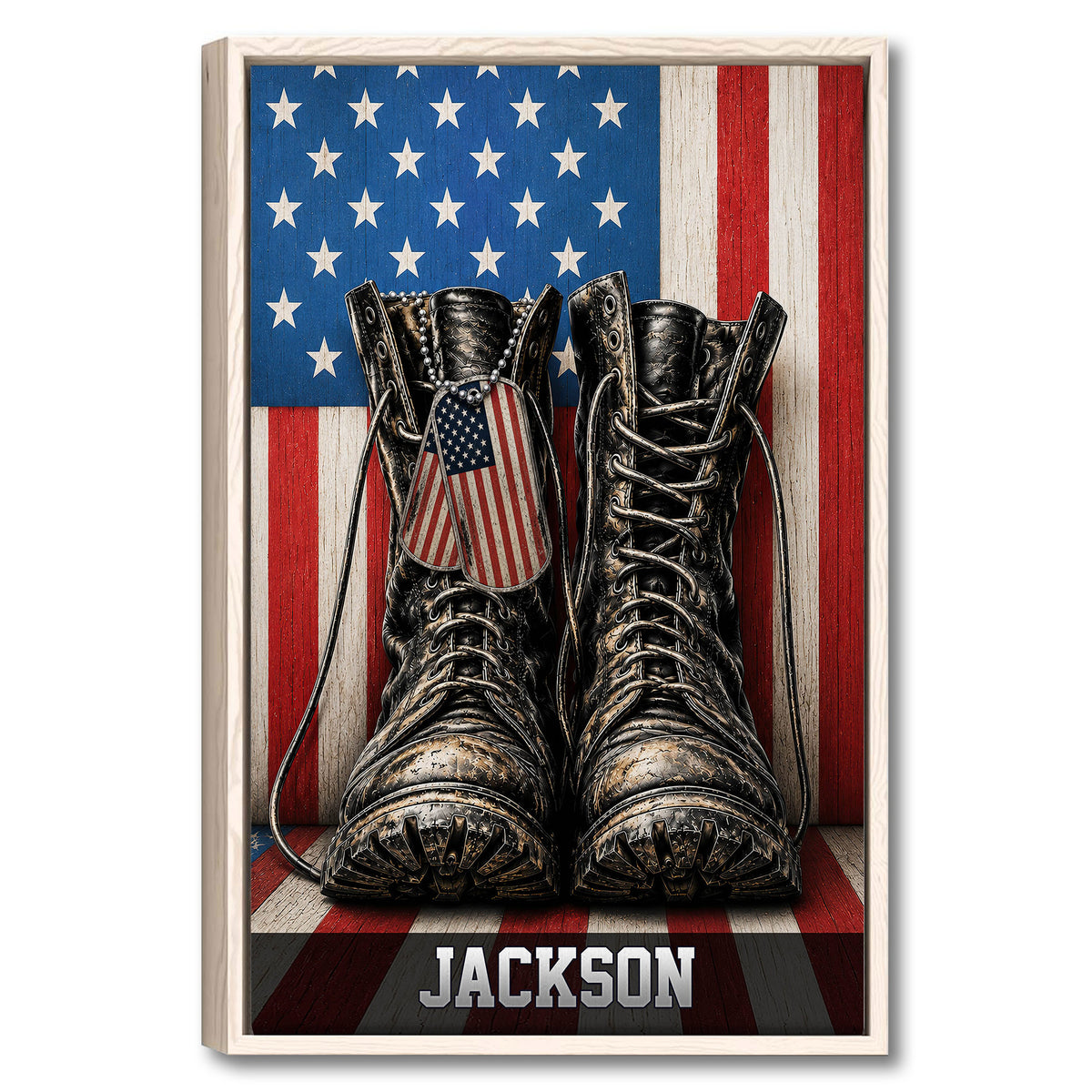 Framed veteran wall art featuring military boots, an American flag background, and a patriotic design