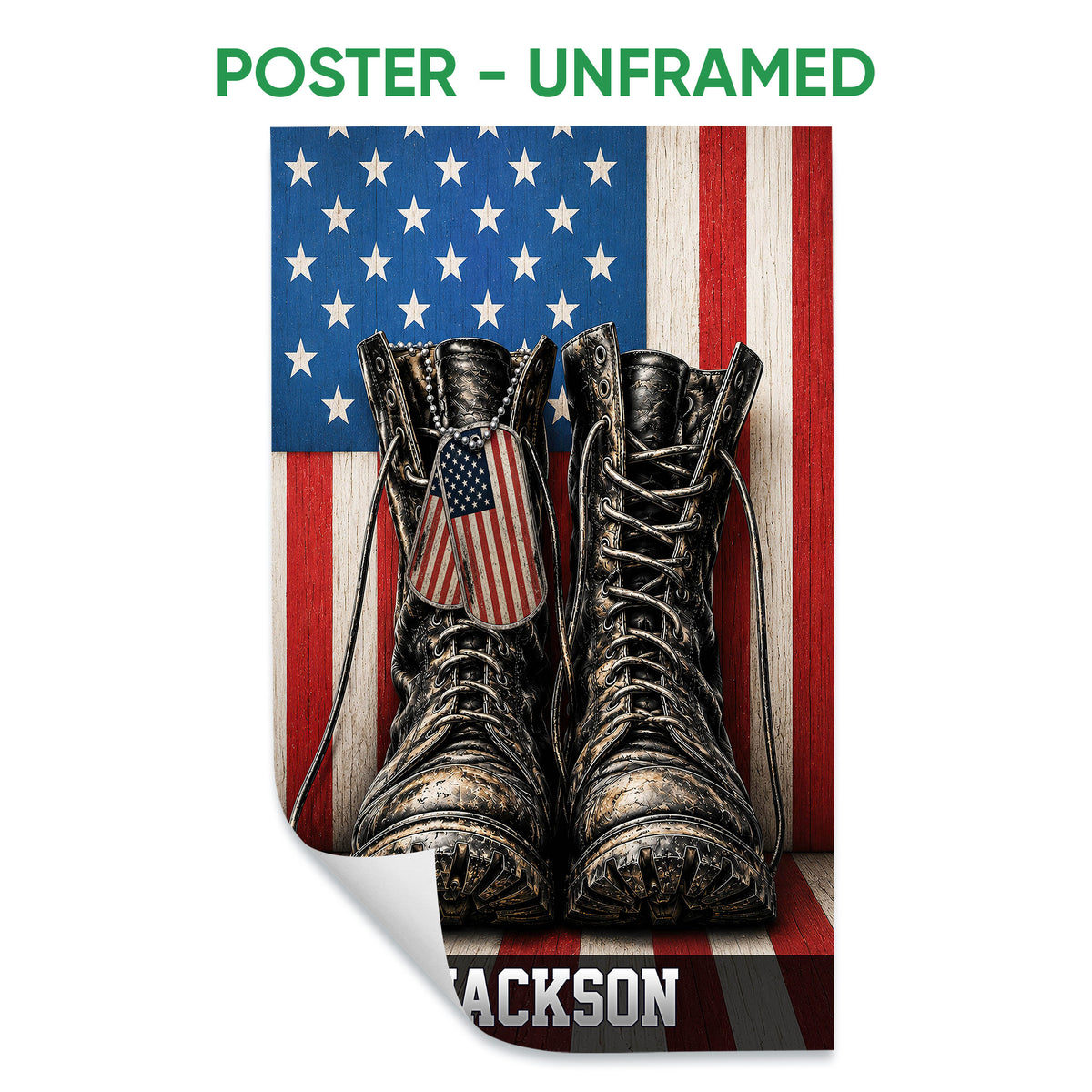 Unframed poster featuring military boots against a distressed American flag background