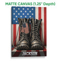 Matte canvas wall art featuring military boots and a patriotic American flag design