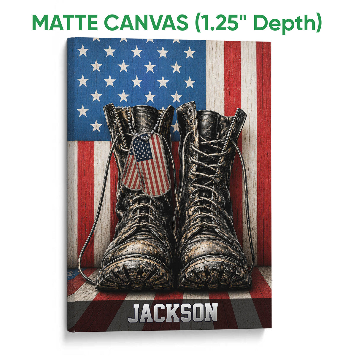 Matte canvas wall art featuring military boots and a patriotic American flag design