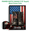 Framed canvas veteran wall art shown with a black floater frame and patriotic military boot artwork