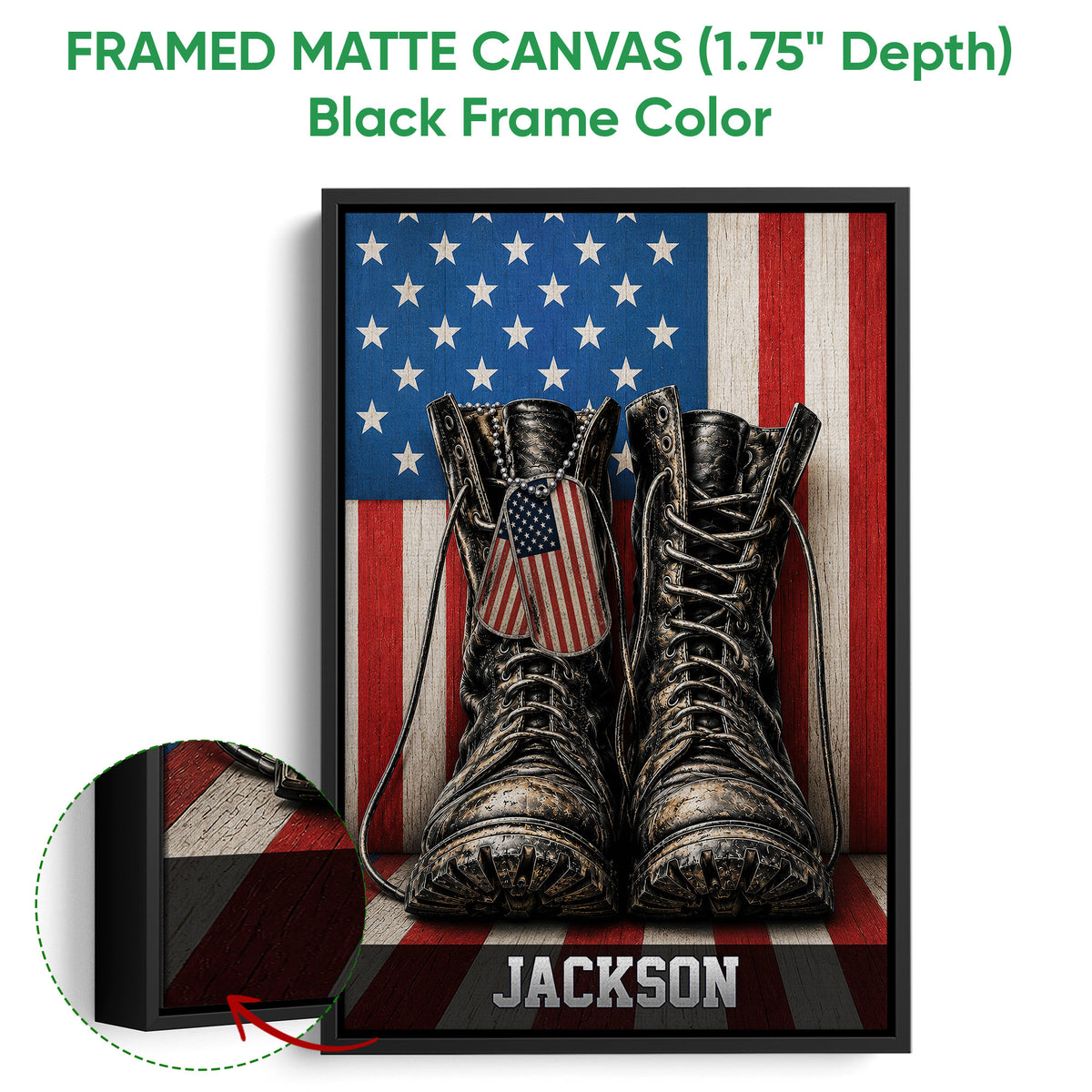 Framed canvas veteran wall art shown with a black floater frame and patriotic military boot artwork