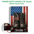 Framed canvas veteran wall art shown with a white frame and American flag military design