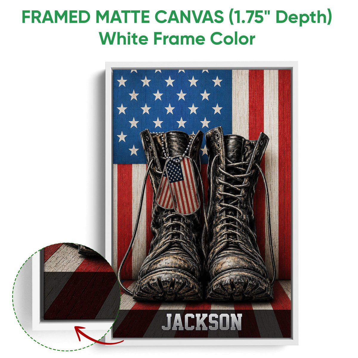 Framed canvas veteran wall art shown with a white frame and American flag military design