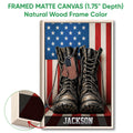 Framed canvas veteran wall art shown with a natural wood frame and patriotic boot artwork