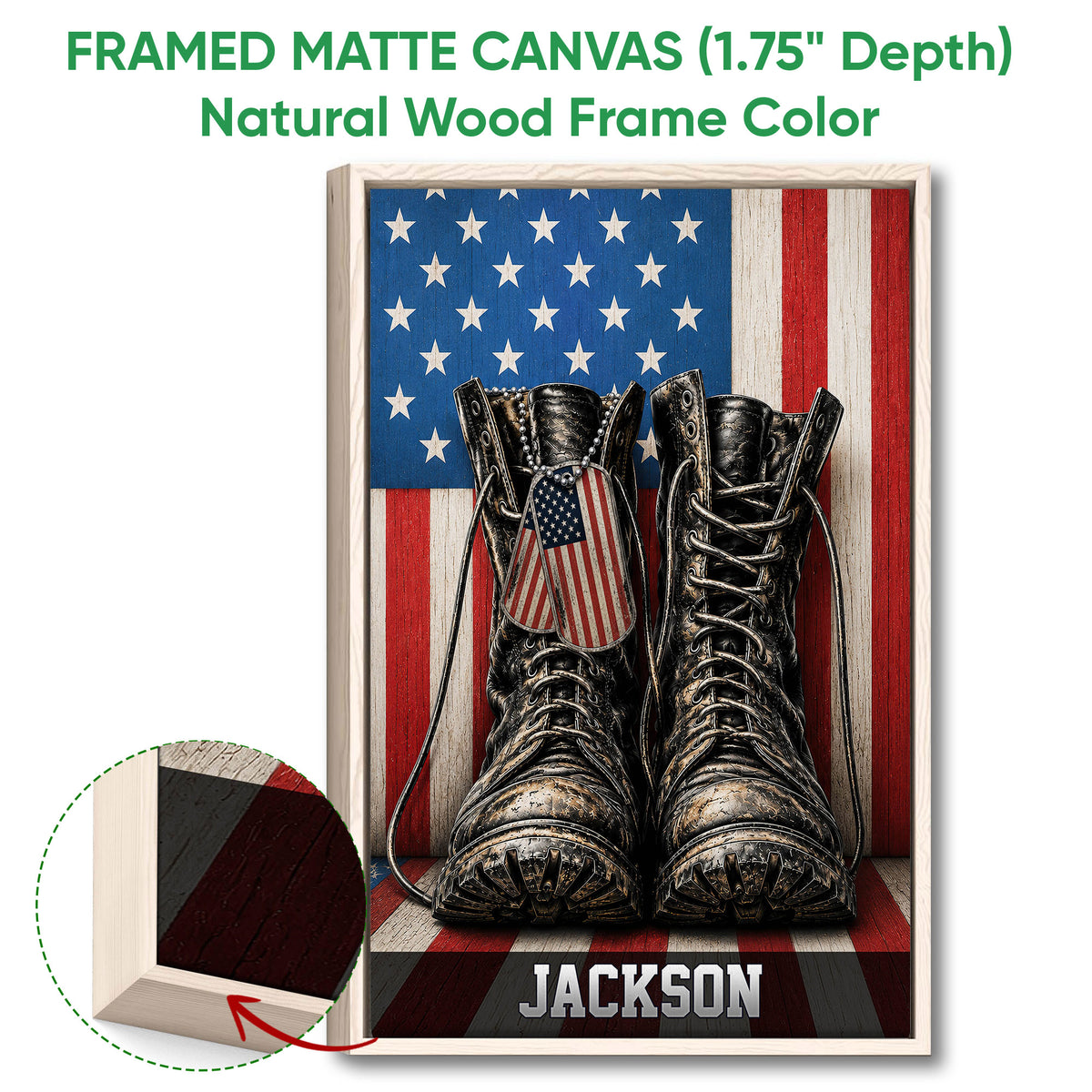 Framed canvas veteran wall art shown with a natural wood frame and patriotic boot artwork