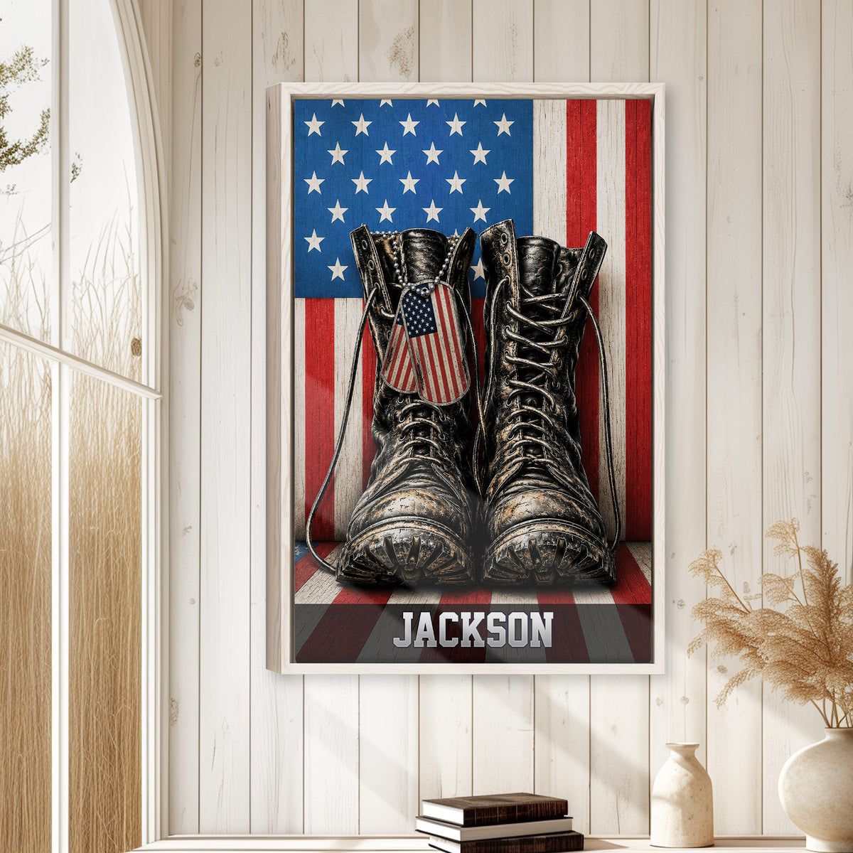 Patriotic veteran wall art displayed in a bright home with white wood paneling