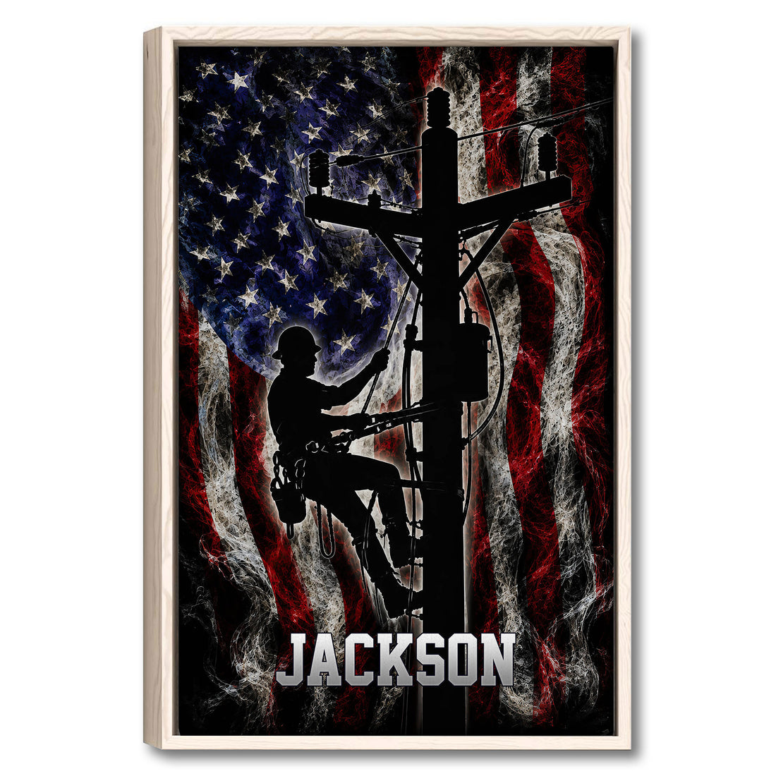 Framed lineman wall art with utility worker silhouettes against a distressed red, white, and blue flag design