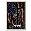 Framed lineman wall art with utility worker silhouettes against a distressed red, white, and blue flag design