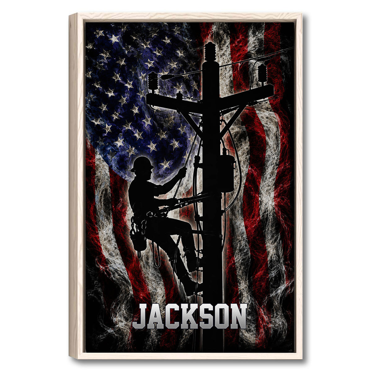 Framed lineman wall art with utility worker silhouettes against a distressed red, white, and blue flag design