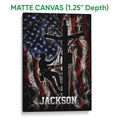 Matte canvas wall art showing silhouetted linemen working on utility poles with patriotic colors