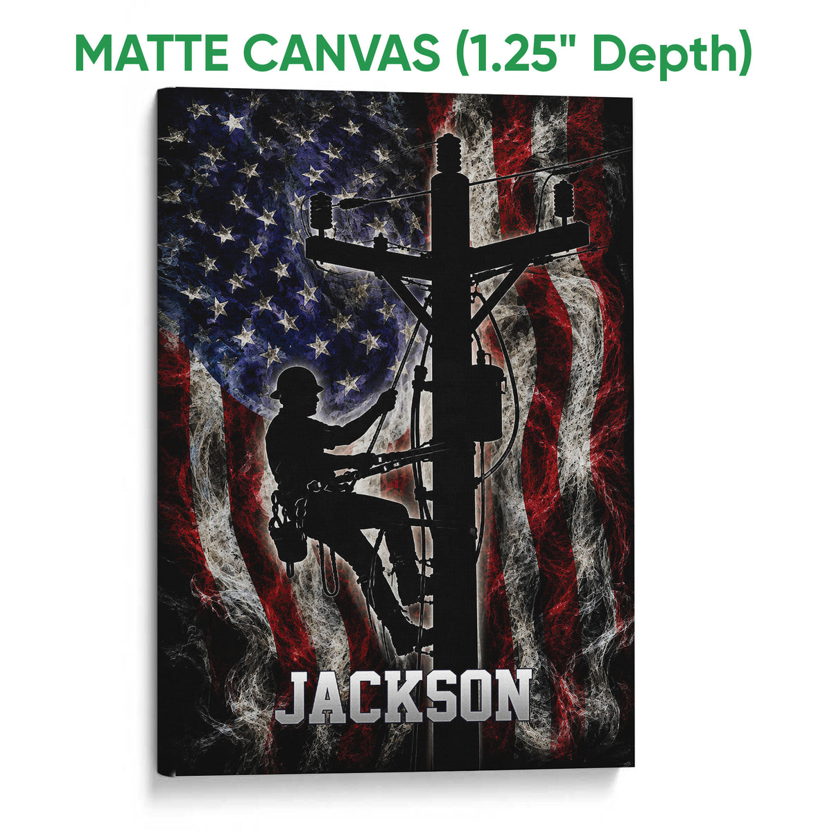 Matte canvas wall art showing silhouetted linemen working on utility poles with patriotic colors