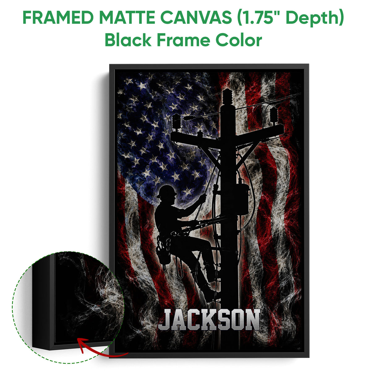 Framed lineman wall art shown with a black frame and detailed utility worker silhouette artwork
