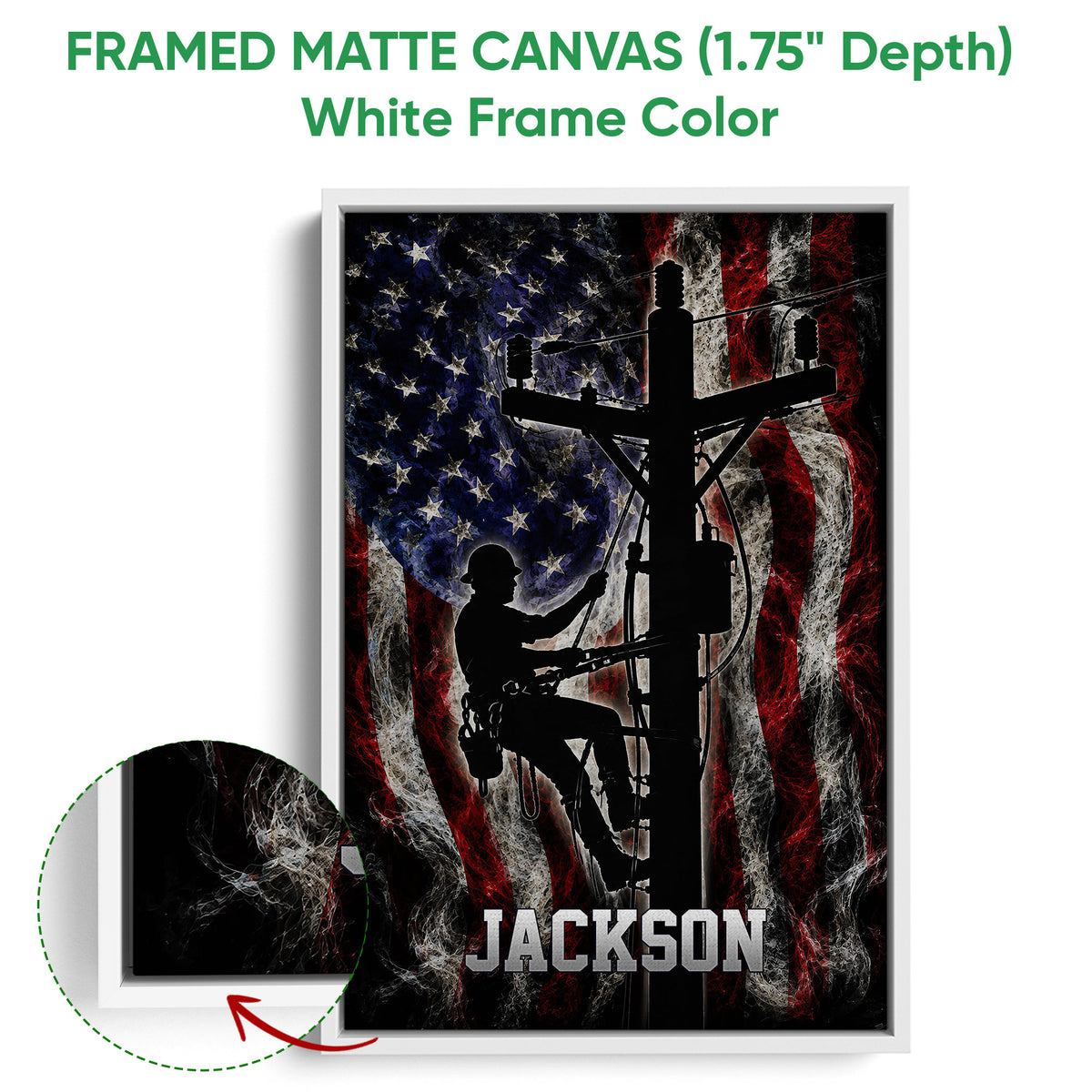 Framed lineman wall art shown with a white frame and red, white, and blue electrical work design