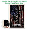 Framed lineman wall art shown with a natural wood frame and utility worker silhouettes