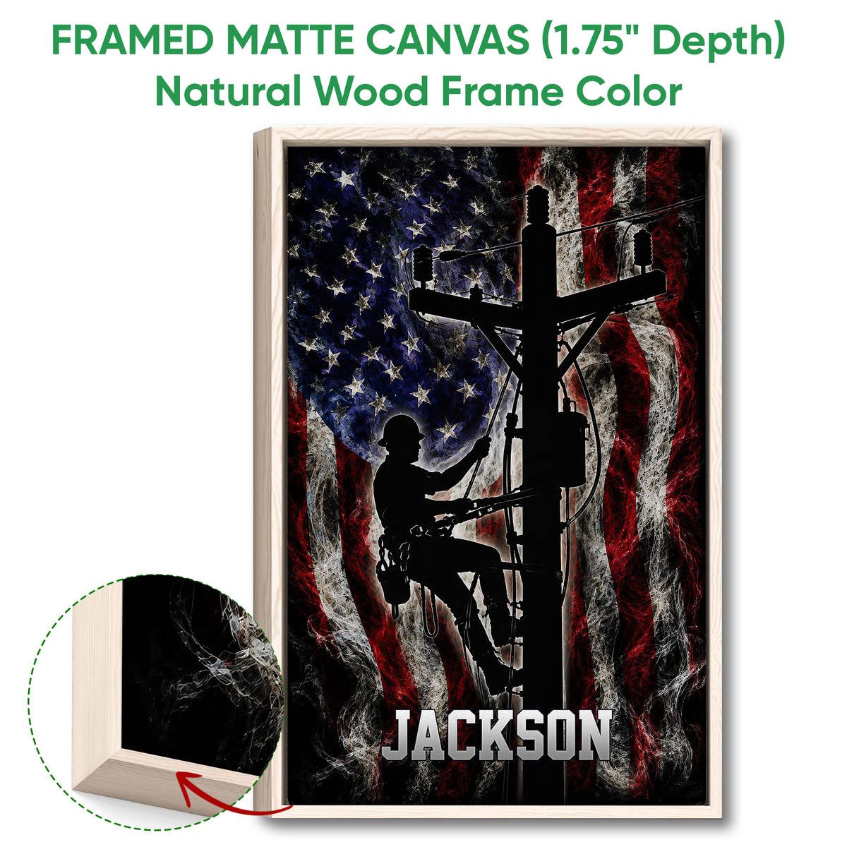 Framed lineman wall art shown with a natural wood frame and utility worker silhouettes