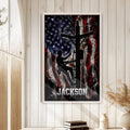 Lineman wall art displayed in a bright room with white wood walls and a natural wood frame