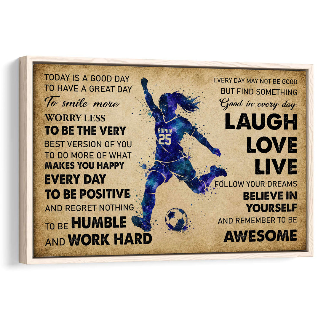 Framed soccer wall art featuring a blue watercolor-style player, soccer ball, and motivational words