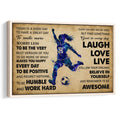 Framed soccer wall art featuring a blue watercolor-style player, soccer ball, and motivational words