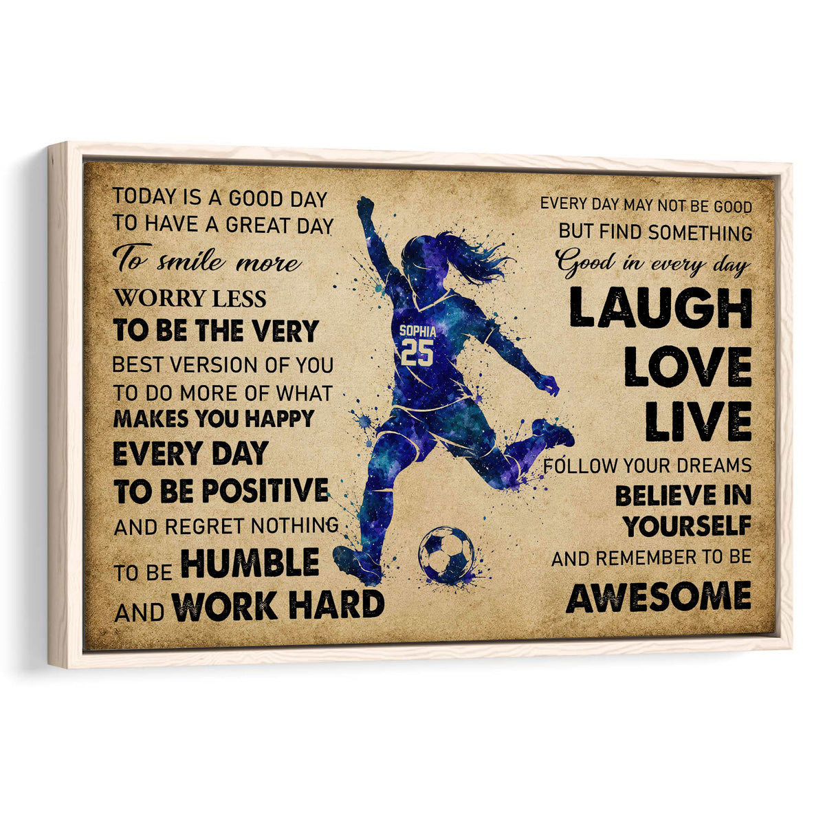 Framed soccer wall art featuring a blue watercolor-style player, soccer ball, and motivational words