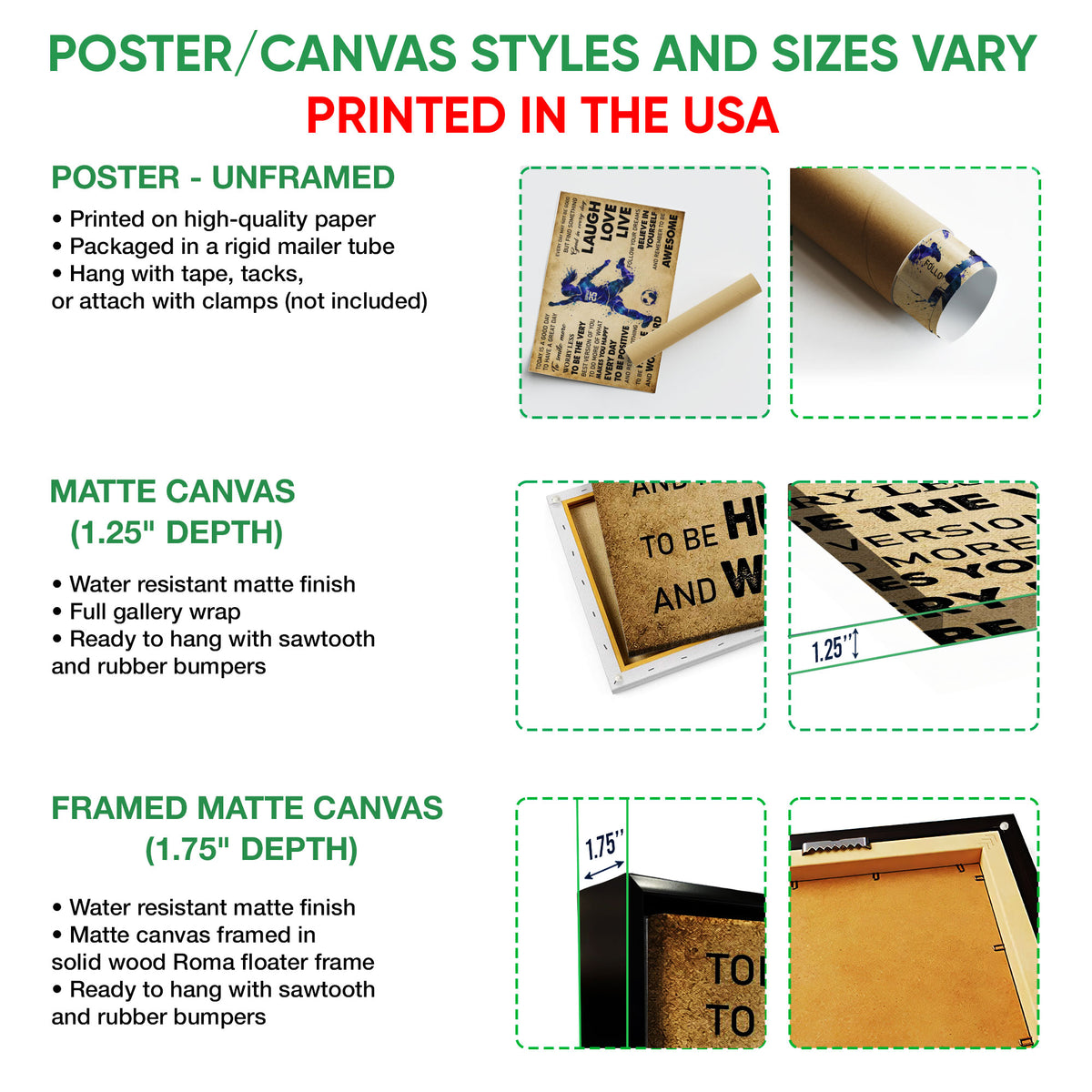 Poster and canvas wall art options guide showing unframed poster, matte canvas, and framed canvas formats