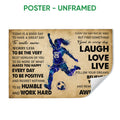 Unframed soccer poster featuring a blue watercolor-style player, soccer ball, and motivational wall art text