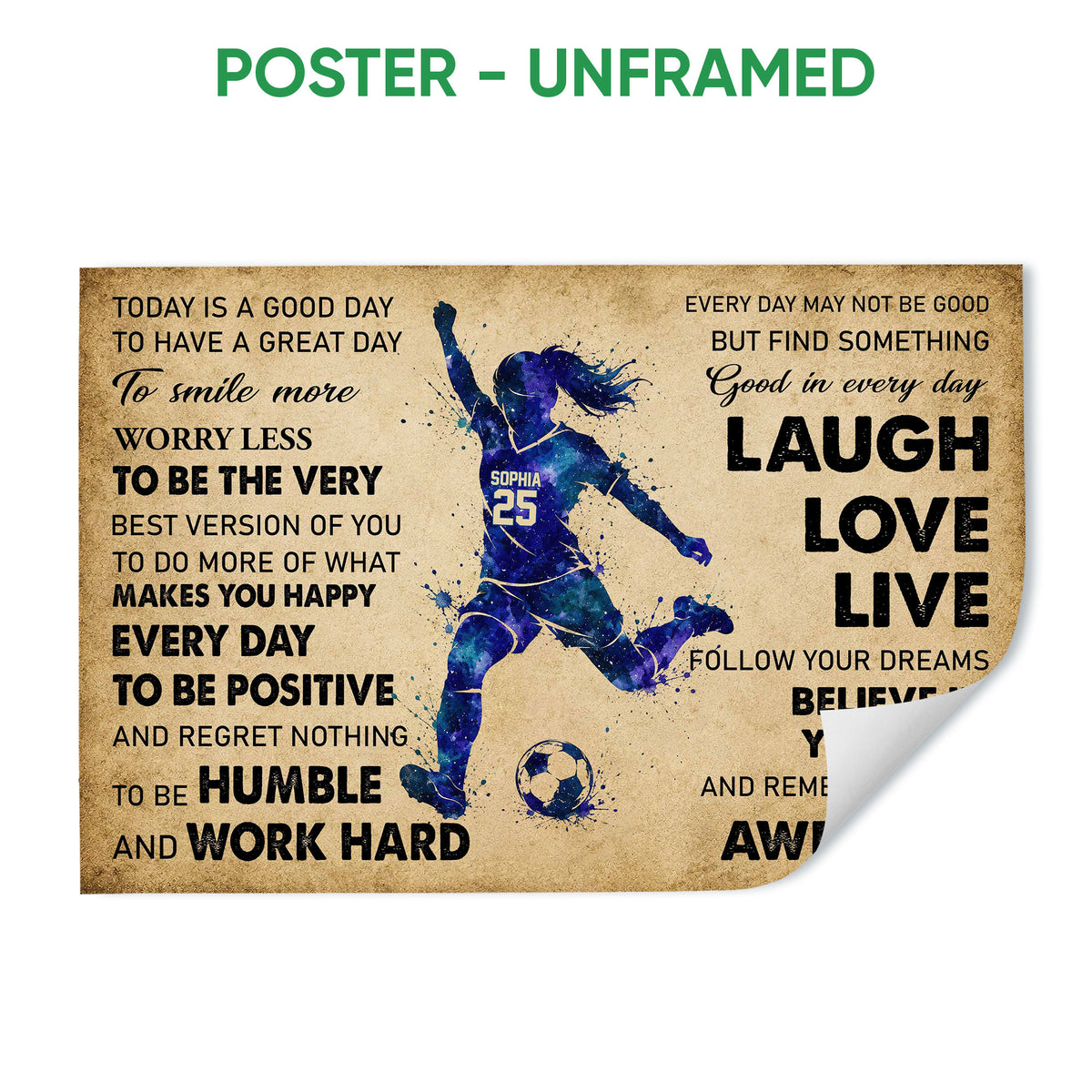 Unframed soccer poster featuring a blue watercolor-style player, soccer ball, and motivational wall art text
