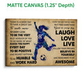 Matte canvas soccer wall art with a blue watercolor-style player, soccer ball, and inspirational text
