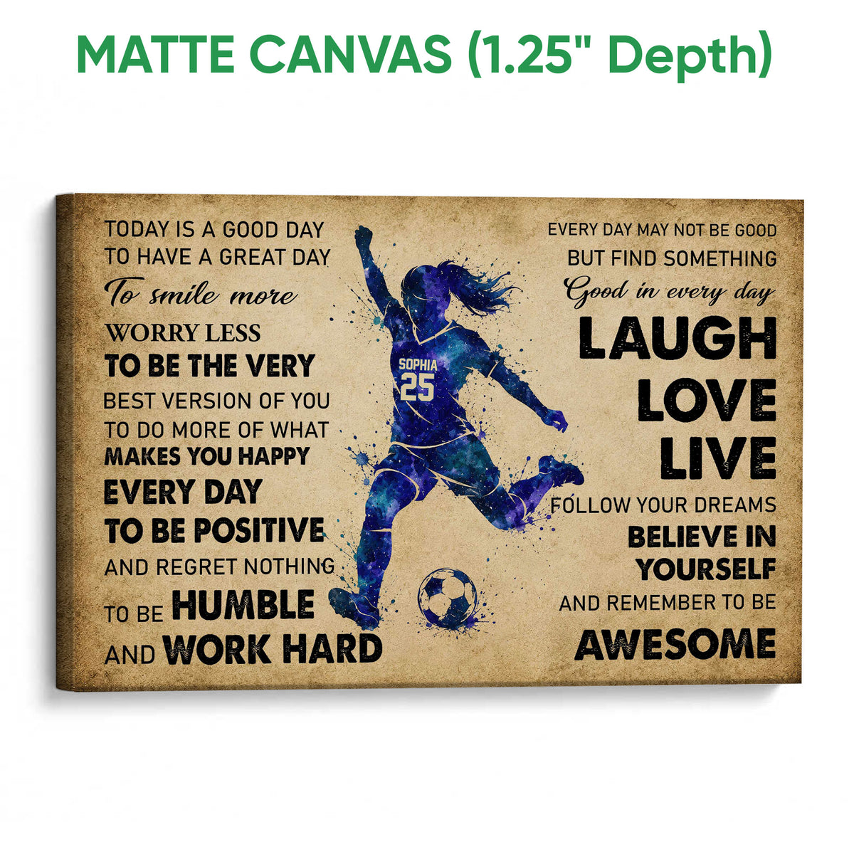 Matte canvas soccer wall art with a blue watercolor-style player, soccer ball, and inspirational text