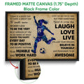Framed soccer canvas wall art shown with a black frame and close-up detail of the artwork