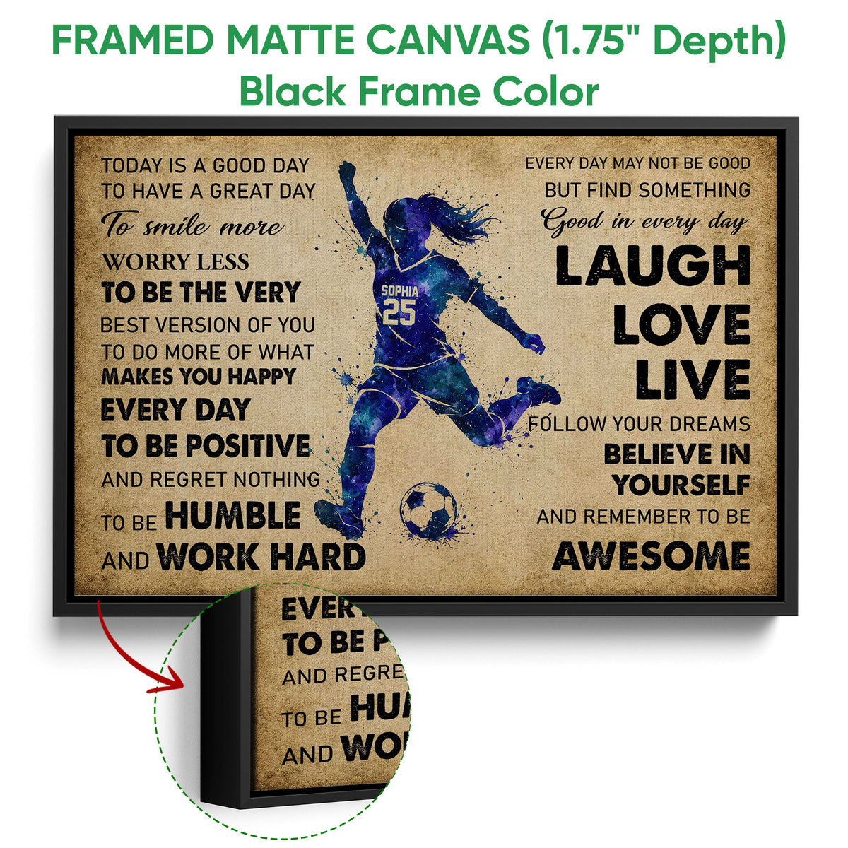 Framed soccer canvas wall art shown with a black frame and close-up detail of the artwork