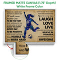 Framed soccer canvas wall art shown with a white frame and close-up frame detail