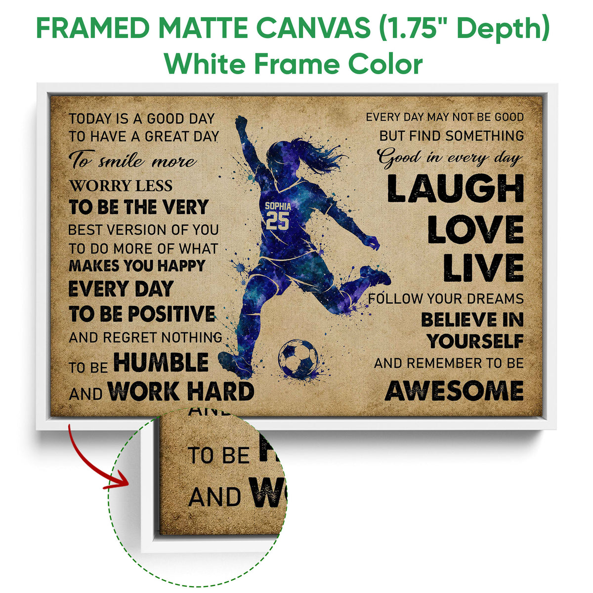 Framed soccer canvas wall art shown with a white frame and close-up frame detail