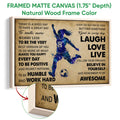 Framed soccer canvas wall art shown with a natural wood frame and close-up wood detail