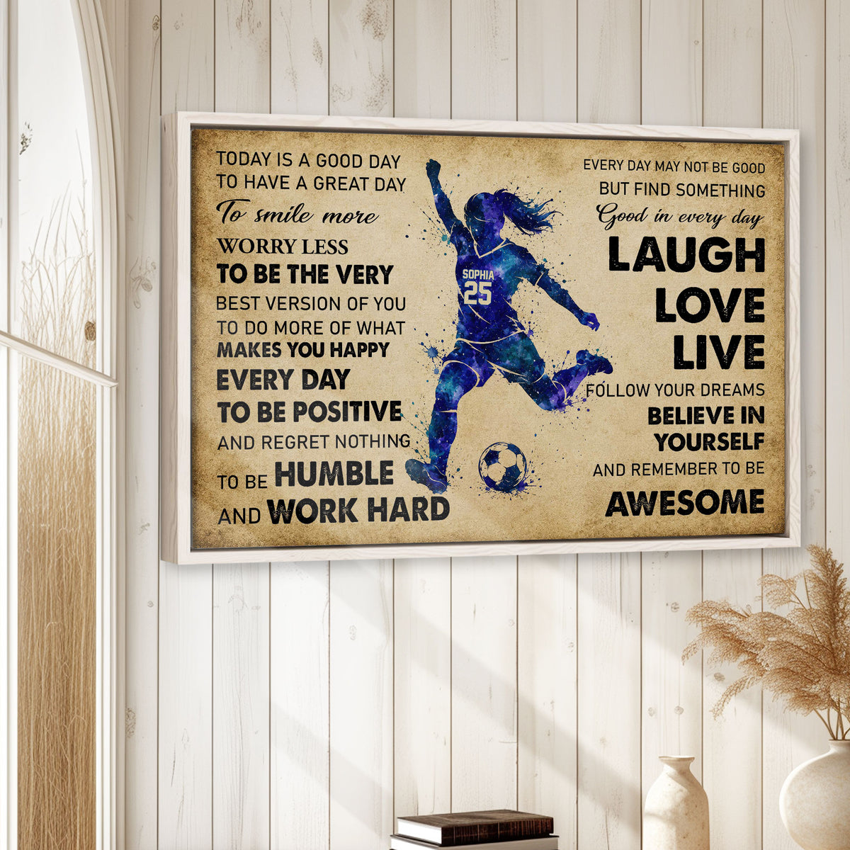 Framed soccer wall art displayed in a bright room with white wood walls and neutral decor