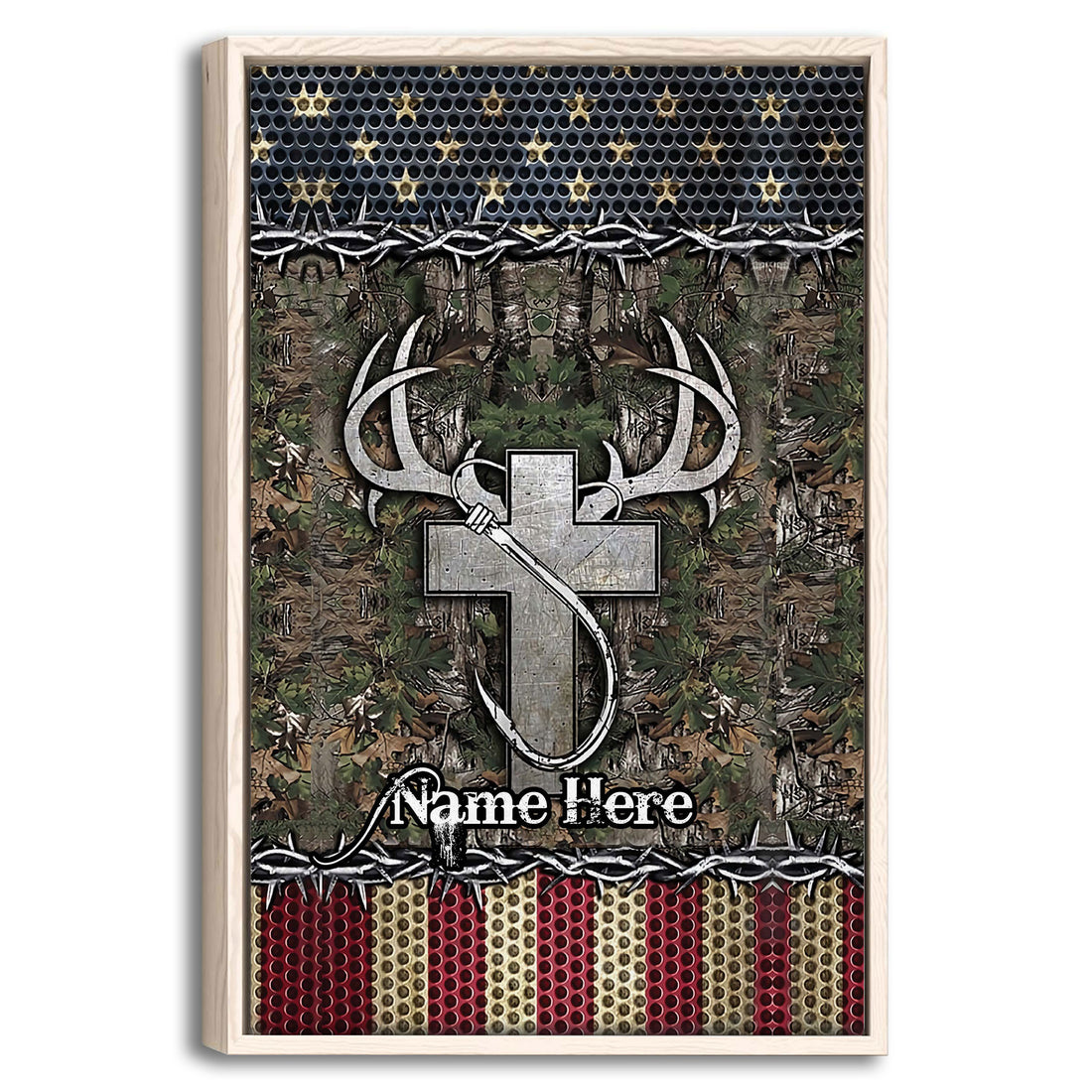 Framed hunting wall art with deer antlers, bow, camouflage forest pattern and patriotic red, white and blue accents